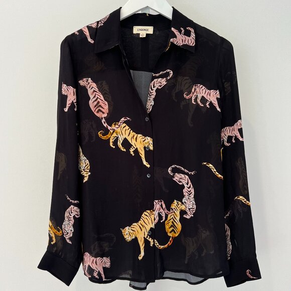 L'AGENCE BLACK MULTI SILK TIGER PRINT SHIIRT SIZE S/P NWOTS! - Picture 4 of 15